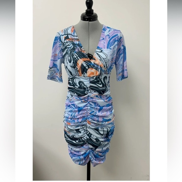 Circus NY Sam Edelman Lucia Swirl Print Ruched Art To Wear Short Sleeve Dress M - Picture 2 of 9